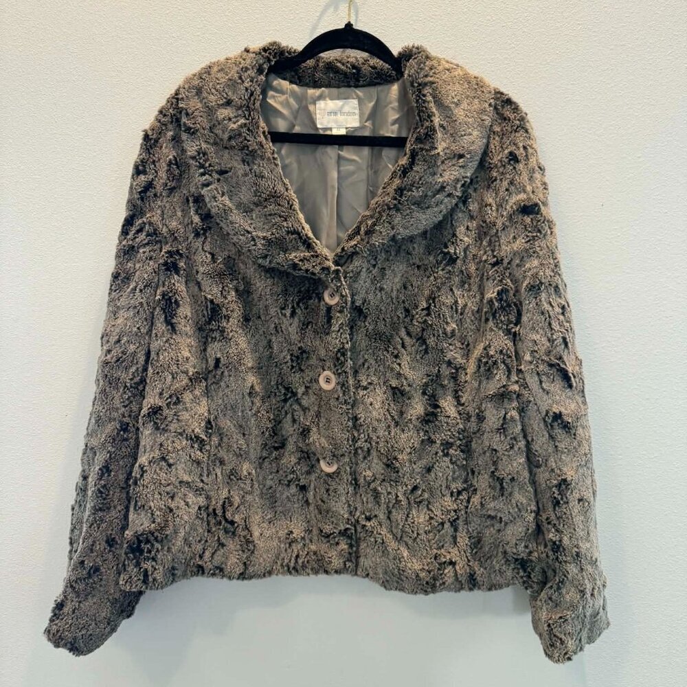 VTG Erin London Faux Fur Jacket XL Taupe Cropped Button Front Coat